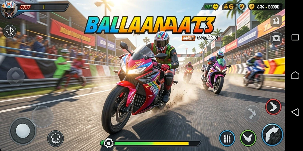 Screenshot gameplay dari C0077 menampilkan balapan motor yang intens.
