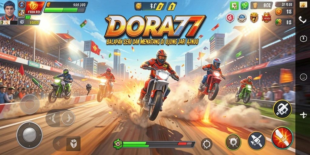 Screenshot gameplay DORA77 menunjukkan balapan seru dengan mobil dan trek yang menantang.