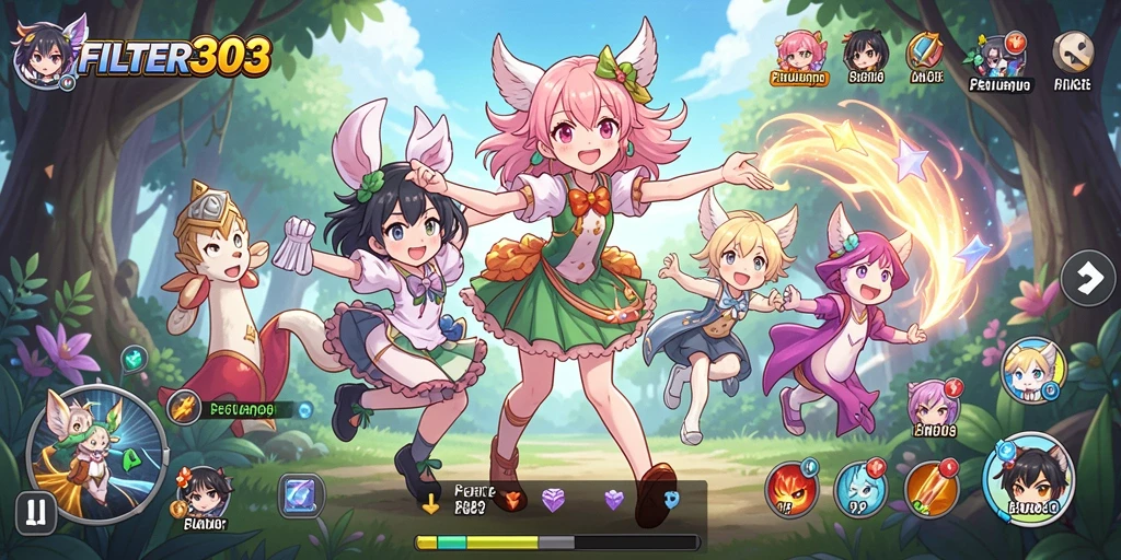 Screenshot gameplay dari FILTER303 dengan karakter anime yang menarik.