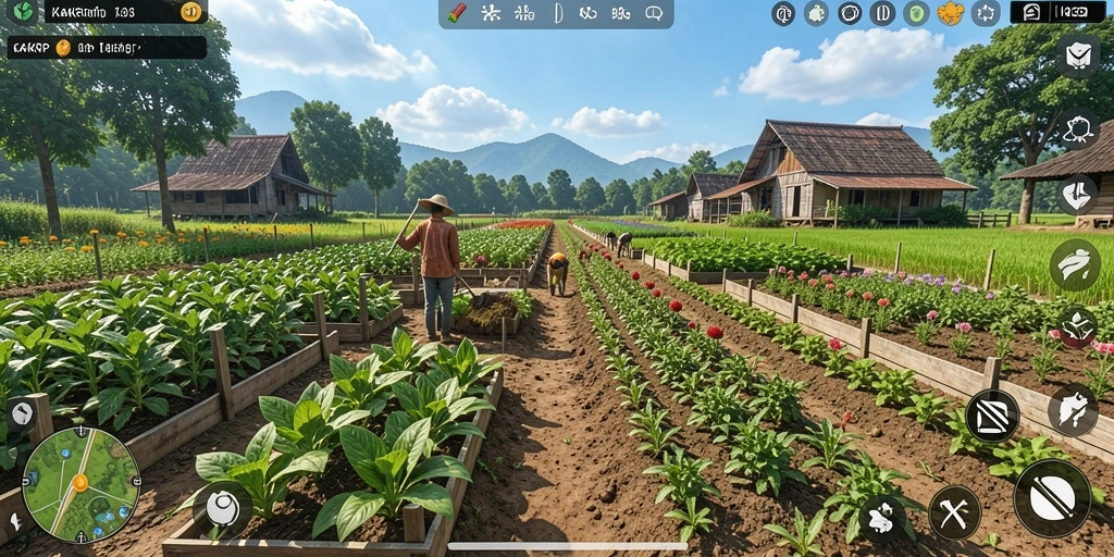 Tampilan gameplay KAKRP yang menampilkan ladang subur dan aktivitas petani.