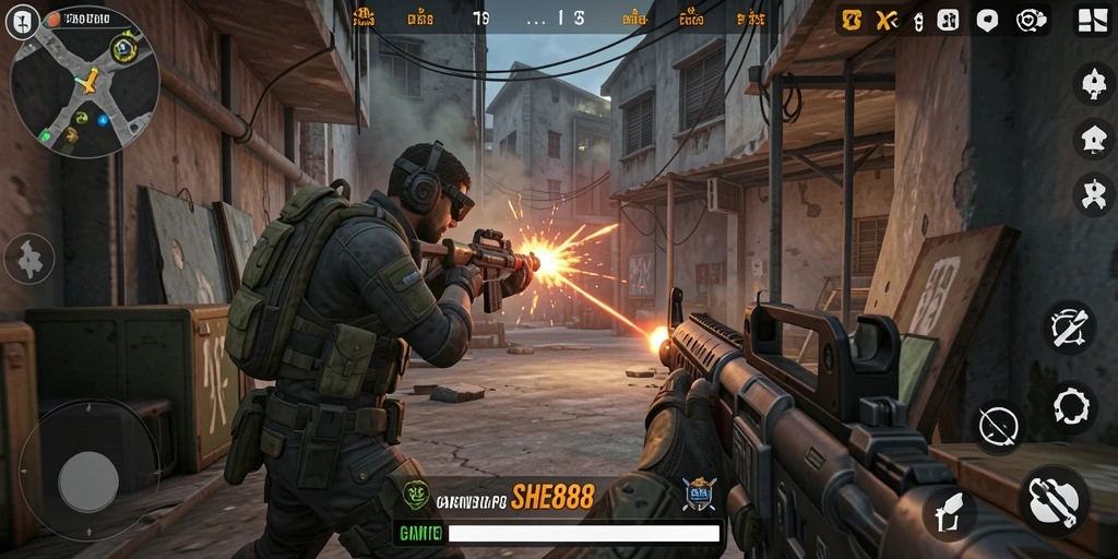 Screenshot gameplay SHE888 menampilkan aksi mendebarkan dalam pertempuran TPS.