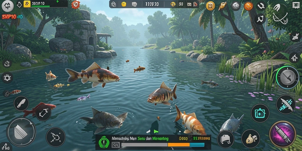 Tampilan gameplay menyenangkan dengan aksi memancing yang seru.